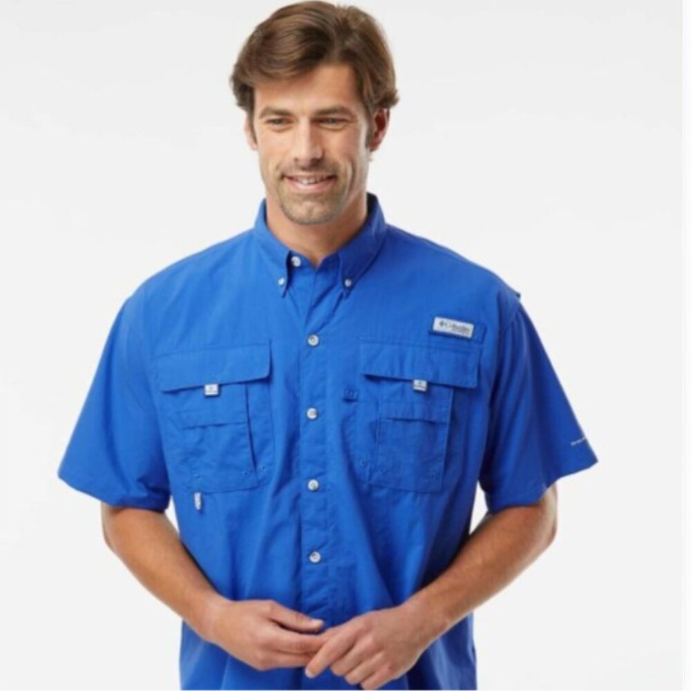 Men’s Columbia PFG Fishing Shirt – Blue, Short Sleeve – Size Large